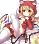  animal_ears animal_hood blonde_hair blush breasts cat_ears cat_hood cat_tail flandre_scarlet hair_ribbon highres hood hoodie janne_cherry kemonomimi_mode long_hair lying naked_hoodie on_back pillow red_eyes revision ribbon simple_background small_breasts solo tail thighhighs touhou white_background white_legwear wings 
