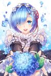  :d apron bangs blue_eyes blue_hair blush bob_cut bouquet bow breasts cleavage detached_sleeves flower frills hair_ornament hair_over_one_eye hair_ribbon holding holding_bouquet holding_flower leaf looking_at_viewer maid maid_apron maid_headdress medium_breasts open_mouth outstretched_arms petals re:zero_kara_hajimeru_isekai_seikatsu rem_(re:zero) ribbon shiny shiny_hair short_hair silverbin smile solo teeth wide_sleeves wind x_hair_ornament 