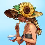  aozoraichi bikini black_bikini blonde_hair bracelet braid breasts cleavage earrings flower food from_side green_eyes hat highres ice_cream jewelry long_hair medium_breasts o-ring o-ring_bikini original smile solo sun_hat sunflower swimsuit tan upper_body wet 