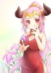  aliza_(granblue_fantasy) alternate_hair_color bare_arms blush breasts cleavage cleavage_cutout draph dress earrings flower forehead_protector granblue_fantasy hair_ornament hair_pulled_back hand_on_own_face high_ponytail holding holding_flower horns iris_(flower) jewelry large_breasts long_hair looking_at_viewer lucika_ll pink_hair pointy_ears ponytail red_dress red_eyes side_slit sleeveless sleeveless_dress smile solo very_long_hair 