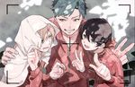  black_hair blonde_hair blue_eyes blue_hair grin gyuunyuu_(mashika) highres hood horikawa_kunihiro jacket male_focus multiple_boys open_mouth smile sweat touken_ranbu track_jacket v yamabushi_kunihiro yamanbagiri_kunihiro 