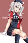  beret breasts fujii_jun gloves hat j._league kantai_collection kashima_(kantai_collection) kashima_antlers large_breasts silver_hair sitting soccer soccer_uniform solo sportswear twintails white_gloves 