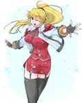  :o akimoto_(akimomomoto) black_legwear blonde_hair blue_eyes breasts excellen_browning fingerless_gloves garter_straps gloves jacket large_breasts one_eye_closed ponytail solo super_robot_wars super_robot_wars_original_generation thighhighs white_background 