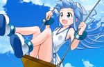  blue_eyes blue_hair blush cloud day dress hat ikamusume long_hair open_mouth panties pantyshot revision rokushaku_neko shinryaku!_ikamusume sky smile solo swing tentacle_hair underwear white_panties 