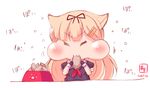  :3 =_= artist_name black_gloves black_ribbon black_serafuku blonde_hair blush closed_eyes dated food gloves hair_flaps hair_ornament hair_ribbon hairclip highres kanon_(kurogane_knights) kantai_collection long_hair no_scarf nut_(food) puffy_short_sleeves puffy_sleeves remodel_(kantai_collection) ribbon school_uniform serafuku short_sleeves solo straight_hair yuudachi_(kantai_collection) 