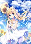  air blonde_hair blue_eyes choker day dress flower highres kamio_misuzu key_(company) long_hair mauve outdoors ponytail solo sundress sunflower wind 