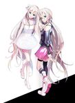  akasaka_aka blue_eyes boots braid different_reflection dress dual_persona hair_between_eyes high_heels ia_(vocaloid) kneehighs long_hair monochrome_background multiple_girls reflection skirt symmetry thighhighs very_long_hair vocaloid white_dress white_hair 