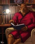  2015 5_fingers anthro armchair bathrobe blue_eyes book bookshelf bovine brown_fur cattle chair clothed clothing detailed_background digital_media_(artwork) front_view fur horn inside lamp male mammal reading robe rov signature sitting solo 
