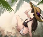  adjusting_clothes adjusting_hat arm_support bangs barefoot beach bikini breasts brown_hair collarbone commentary from_above full_body green_eyes hat highres idolmaster idolmaster_cinderella_girls leaning_back long_hair looking_at_viewer looking_back looking_up medium_breasts palm_tree sand shibuya_rin shorts sitting smile solo straw_hat sun_hat swimsuit tree yashigaras 