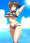  armpits breasts cleavage date_naoto highres kaga_(kantai_collection) kantai_collection large_breasts looking_at_viewer meme_attire rei_no_mizugi side_ponytail skindentation smile solo thighs wading water wet 