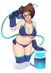  beads bikini black-framed_eyewear boots breasts brown_hair cleavage glasses gloves hair_bun hair_ornament hair_stick heart heart_in_mouth highres large_breasts looking_at_viewer mei_(overwatch) navel overwatch plump rumo short_hair smile solo swimsuit 