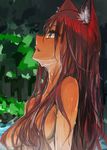  animal_ears breasts code-aa dark_skin forest from_side hair_censor hair_down hair_over_breasts highres long_hair looking_up lupusregina_beta medium_breasts nature nude overlord_(maruyama) parted_lips red_hair sketch solo upper_body water wet wet_hair wolf_ears yellow_eyes 