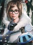  bangs beads black-framed_eyewear blue_gloves brown_eyes brown_hair coat drone eyelashes finger_to_mouth fur-trimmed_jacket fur_coat fur_trim glasses gloves hair_bun hair_ornament hair_stick hand_up highres jacket lips lipstick machinery makeup mei_(overwatch) nose overwatch parted_bangs parted_lips pink_lips realistic robot ryan_tien short_hair shushing sidelocks smile snow snowball_(overwatch) snowflake_hair_ornament snowflakes snowing solo swept_bangs tree upper_body winter_clothes winter_coat 