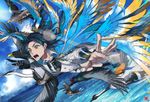  all_male animal bird blue_hair clouds male sky taikogane_sadamune tezurumozuru touken_ranbu water yellow_eyes 