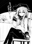  ai_takurou akatsuki_(kantai_collection) anchor_symbol artist_name bangs blush chair closed_mouth crossed_legs eating eyebrows eyebrows_visible_through_hair flat_cap greyscale hair_between_eyes hammer_and_sickle hat hibiki_(kantai_collection) holding holding_spoon ichininmae_no_lady japanese_flag kantai_collection long_hair long_sleeves looking_at_viewer monochrome multiple_girls neckerchief okosama_lunch open_mouth pantyhose pleated_skirt rice school_uniform serafuku sidelocks sitting sketch skirt sparkle spoon star table translated verniy_(kantai_collection) 