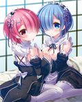  aono_ribbon blue_eyes blue_hair breasts breasts_outside detached_sleeves hair_ornament hair_over_one_eye hair_ribbon holding_hands interlocked_fingers looking_at_viewer maid maid_headdress multiple_girls nipples pantyhose pink_eyes pink_hair pink_ribbon purple_ribbon ram_(re:zero) re:zero_kara_hajimeru_isekai_seikatsu rem_(re:zero) ribbon short_hair siblings sisters sitting small_breasts twins wariza white_legwear x_hair_ornament 