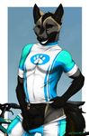  2016 animal_genitalia animal_penis anthro balls bicycle black_fur canine canine_penis clothing cross_fox fox fur grey_fur grin male mammal orange_eyes penis penis_tip sheath simple_background solo standing tan_fur truegrave9 