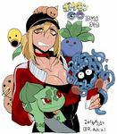  baseball_cap bellsprout blonde_hair breasts bulbasaur cellphone cleavage copyright_name dark_skin doduo female_protagonist_(pokemon_go) fingerless_gloves gen_1_pokemon gloves grin hat heart large_breasts long_hair looking_at_viewer mado_(mukade_tou) oddish open_mouth orange_eyes phone pokemon pokemon_(creature) pokemon_(game) pokemon_go ponytail red_eyes simple_background smile solo tangela teeth weedle white_background 