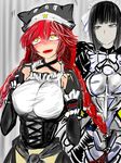  2girls animal_hat armor armored_dress artist_request black_eyes black_hair blush braid breasts collar frills hat lupusregina_beta maid maid_headdress narberal_gamma overlord_(maruyama) red_hair ribbon twin_braids yellow_eyes 