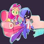  2girls amiami copyright_name couch female green_eyes hood multiple_girls pale_skin pink_hair raven_(dc) sitting starfire teen_titans 