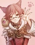  adjusting_hair animal_ears bad_id bad_pixiv_id collar final_fantasy final_fantasy_xiv fur_trim glasses male_focus miqo'te monster one-eyed paw_print pink_background pink_hair semi-rimless_eyewear senano-yu slit_pupils smile solo yellow_eyes 