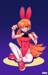  1girl ;d akazutsumi_momoko andava blue_background bow clenched_hands earrings fingerless_gloves flat_chest full_body gloves hair_bow highres hyper_blossom jewelry leotard long_hair one_eye_closed open_mouth orange_hair powerpuff_girls_z red_bow red_eyes shoes sitting smile solo thighhighs very_long_hair white_legwear 