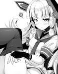  ai_takurou bangs blunt_bangs blush breasts closed_mouth dress dressing eyebrows eyebrows_visible_through_hair fingerless_gloves flying_sweatdrops gloves greyscale headgear kantai_collection long_hair looking_at_viewer monochrome murakumo_(kantai_collection) neckerchief no_panties nose_blush pantyhose sailor_dress short_sleeves sidelocks simple_background sitting sketch small_breasts solo squiggle thighs white_background 
