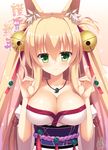  animal_ears arm_garter bare_shoulders bell blonde_hair blush breasts cleavage collarbone commentary_request fox_ears fox_girl fox_shadow_puppet green_eyes hair_bell hair_ornament hair_ribbon highres japanese_clothes jewelry jingle_bell large_breasts long_hair looking_at_viewer magatama necklace obi original red_ribbon ribbon sash smile solo translation_request two_side_up upper_body wide_sleeves yuzu_modoki 