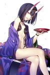  alcohol black_hair cherry_blossoms collarbone crossed_legs cup fate/grand_order fate_(series) horns japanese_clothes kimono long_legs midriff navel off_shoulder oni oni_horns open_mouth petals purple_eyes sakazuki sake shinooji short_hair shuten_douji_(fate/grand_order) sitting solo 