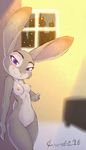  2016 anthro beckoning blush breasts city crombie disney female hi_res judy_hopps lagomorph looking_at_viewer mammal night nipples nude purple_eyes pussy rabbit seductive solo window zootopia 