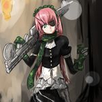  1girl armored_dress artist_request cz2128_delta eyepatch frills gloves green_eyes gun long_hair maid maid_headdress overlord_(maruyama) pink_hair puffy_sleeves scarf solo weapon 