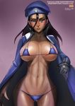  abs alternate_costume ana_(overwatch) badcompzero bikini blue_bikini blush breasts brown_hair captain_amari dark_skin large_breasts lips long_hair lowleg lowleg_bikini micro_bikini navel overwatch smile solo strap_gap swimsuit thighs wide_hips younger 