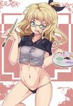  aqua_eyes ass_visible_through_thighs blonde_hair brush glasses hair_ribbon highres long_hair mouth_hold navel original palette panties pencil pinky_out ribbon smile solo underwear wo_jianqiang_fu_guo 