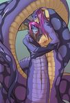  2015 anthro breasts english_text female female/female hair long_hair lunate mammal naga nipples nude post_transformation pussy reptile scalie smile snake text 