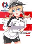  alternate_costume anchor_hair_ornament austria austrian_flag blonde_hair blue_eyes breasts euro_2016 fujii_jun gloves hair_between_eyes hair_ornament hat kantai_collection large_breasts long_hair looking_at_viewer open_mouth peaked_cap prinz_eugen_(kantai_collection) soccer soccer_uniform solo sportswear white_gloves 