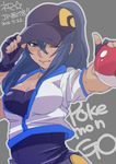  2016 baseball_cap blue_eyes blue_hair breasts cleavage copyright_name dark_skin dated female_protagonist_(pokemon_go) fingerless_gloves gloves grey_background hat large_breasts long_hair one_eye_closed poke_ball pokemon pokemon_(game) pokemon_go ponytail r-ko_(rayla) simple_background solo star 