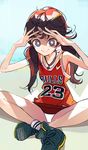  1girl amiami basketball_uniform brown_hair derivative_work female indian_style nike original panties sitting smile solo twintails 