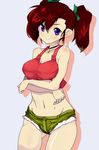  bakusou_kyoudai_let's_&amp;_go!! bakusou_kyoudai_let's_&amp;_go!!_max blue_eyes cowboy_shot drop_shadow jewelry midriff navel necklace oogami_marina red_hair short_shorts shorts simple_background smile solo tank_top twintails 