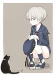  animal black_cat blue_eyes bun'ya_(0874cirno141) cat commentary dress grey_eyes hat hat_removed headwear_removed holding holding_hat kantai_collection military military_uniform neckerchief sailor_dress sailor_hat short_hair silver_hair squatting uniform z1_leberecht_maass_(kantai_collection) 