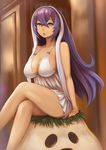  bad_proportions breasts cleavage crossed_legs dress enumiyan highres indoors isabelle_(shadowverse) large_breasts looking_at_viewer open_mouth purple_hair shadowverse sitting solo white_dress 