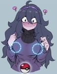  ? ahoge alternate_breast_size black_hair black_nails blue_eyes blush breasts constricted_pupils frilled_sleeves frills hairband hex_maniac_(pokemon) long_hair medium_breasts messy_hair nail_polish nervous_smile poke_ball poke_ball_(generic) pokemon pokemon_go purple_hairband ribbed_sweater simple_background smile solo space_jin sweat sweater turtleneck upper_body very_long_hair 