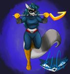  amelia_cooper anthro blue_hair cane clothed clothing gloves hair looking_at_viewer mammal mask raccoon sly_cooper_(series) smile smirk solo standing striped_tail stripes video_games vixcoon 