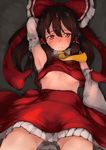  absurdres arm_up armpits ascot bad_id bad_pixiv_id blush bow brown_hair detached_sleeves hair_between_eyes hair_bow hair_tubes hakurei_reimu highres hplay long_hair looking_at_viewer lying red_bow red_eyes red_skirt ribbon-trimmed_sleeves ribbon_trim sidelocks skirt solo sweat touhou vest 