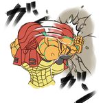  commentary corruptroid crack destruction headbutt metroid power_armor samus_aran wall 