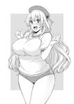  :d alternate_costume atago_(kantai_collection) beret blush breasts buruma commentary_request covered_nipples cowboy_shot greyscale gym_uniform hat kantai_collection large_breasts long_hair monochrome open_mouth plump short_sleeves smile solo takurou 