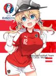  alternate_costume anchor_hair_ornament austria austrian_flag blonde_hair blue_eyes breasts euro_2016 fujii_jun gloves hair_between_eyes hair_ornament hat kantai_collection large_breasts long_hair looking_at_viewer open_mouth peaked_cap prinz_eugen_(kantai_collection) soccer soccer_uniform solo sportswear white_gloves 