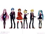  business_suit cleavage crease fixme hatsune_miku kagamine_len kagamine_rin kaito megurine_luka meiko pantyhose seifuku thighhighs vocaloid wogura 