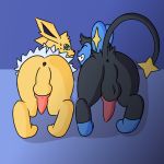  2019 animal_genitalia anus balls baryon_(otterjunk) butt canine digital_media_(artwork) duo eeveelution erection feline feral fur hi_res jolteon knot levin_(levinluxio) luxio male mammal nintendo nude otterjunk penis pok&eacute;mon pok&eacute;mon_(species) simple_background smile sweat video_games 