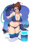  beads bikini black-framed_eyewear boots breasts brown_hair cleavage glasses gloves hair_bun hair_ornament hair_stick heart heart_in_mouth highres large_breasts looking_at_viewer mei_(overwatch) navel overwatch plump rumo short_hair smile snow solo swimsuit 