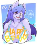  2015 amad_no_moto anthro big_breasts bikini blue_hair breasts cake canine chest_tuft cleavage clothed clothing dog english_text female food hair heterochromia huge_breasts looking_at_viewer mammal open_mouth solo swimsuit teeth text tongue tuft 